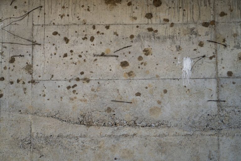 A detailed view of a weathered concrete wall with exposed rebar, showcasing industrial textures.