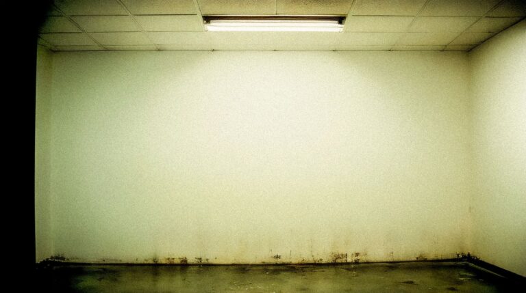 Moody grunge-style room with stained walls and fluorescent ceiling light.