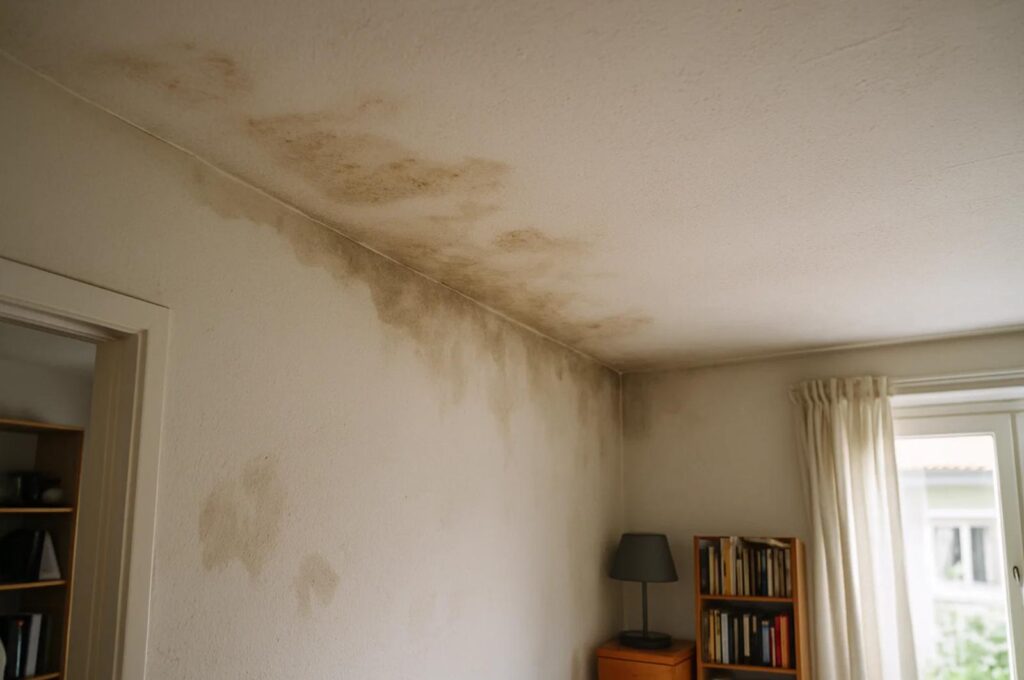 Manchas de umidade no teto de um quarto, sinal de possível infiltração em apartamento.